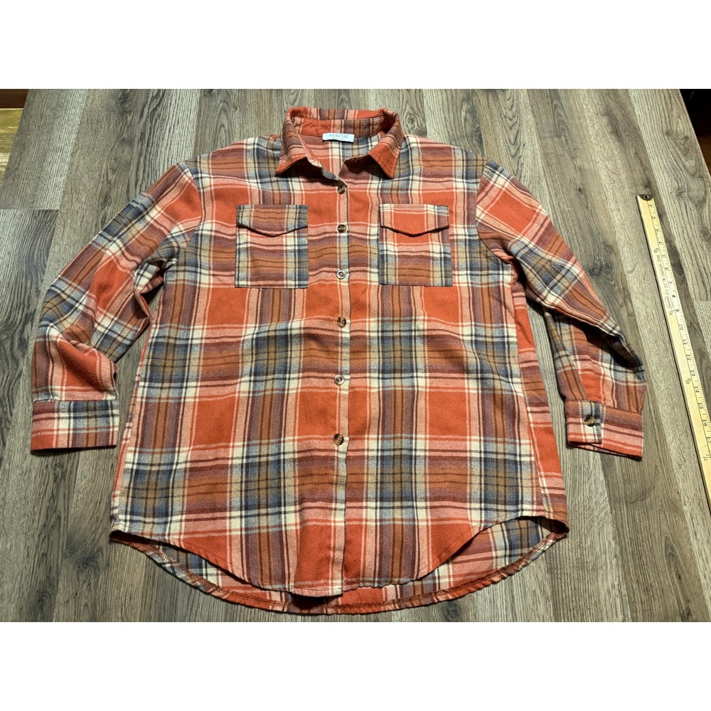 Double Take Shirt Women Size L Orange Button Down Long Sleeve Top Plaid Flannel